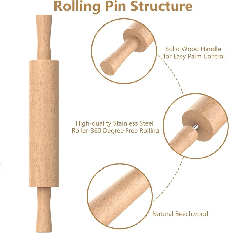 Wooden Rolling Pin with 3 Thickness Rings for Baking Pastries Pizza Dough gallery