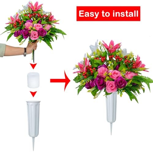 Artificial Cemetery Flowers with Vase, Set of 2 Artificial Rose Lily Bouquet gallery