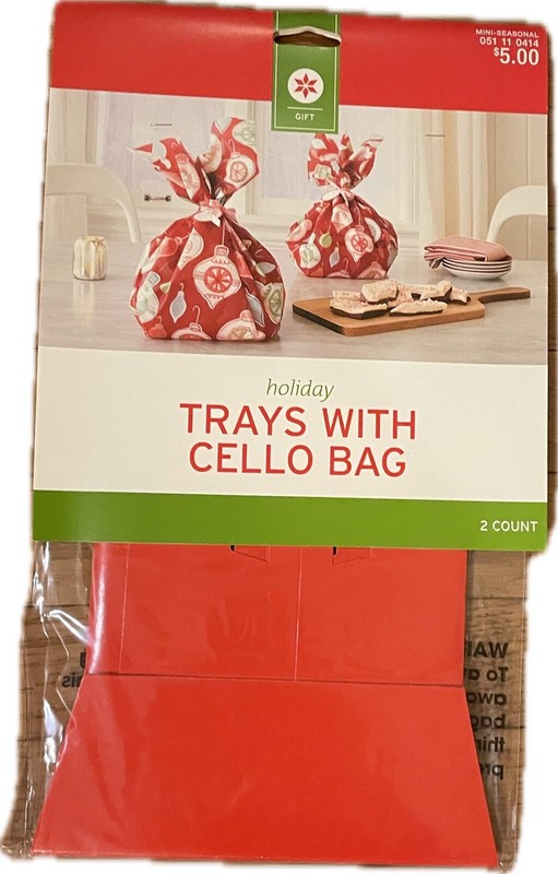 2 Christmas Trays w/Cello Bags Holiday Gift Baking Cookies Red Ornament Design