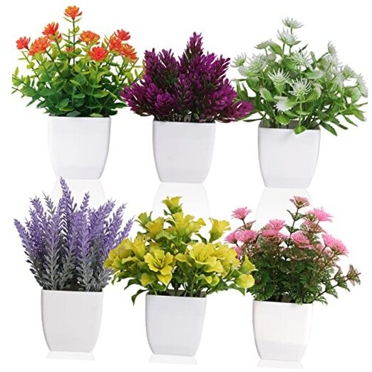 6pcs Artificial Pot Flowers Small Fake Plants with Pot Mini A-colorful-6pcs