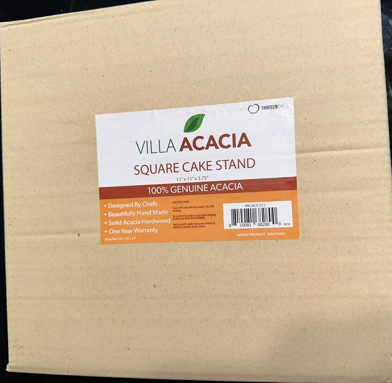 Villa Acacia Wood Cake Stand, 11 Inch Square Display with Wooden Pedesta