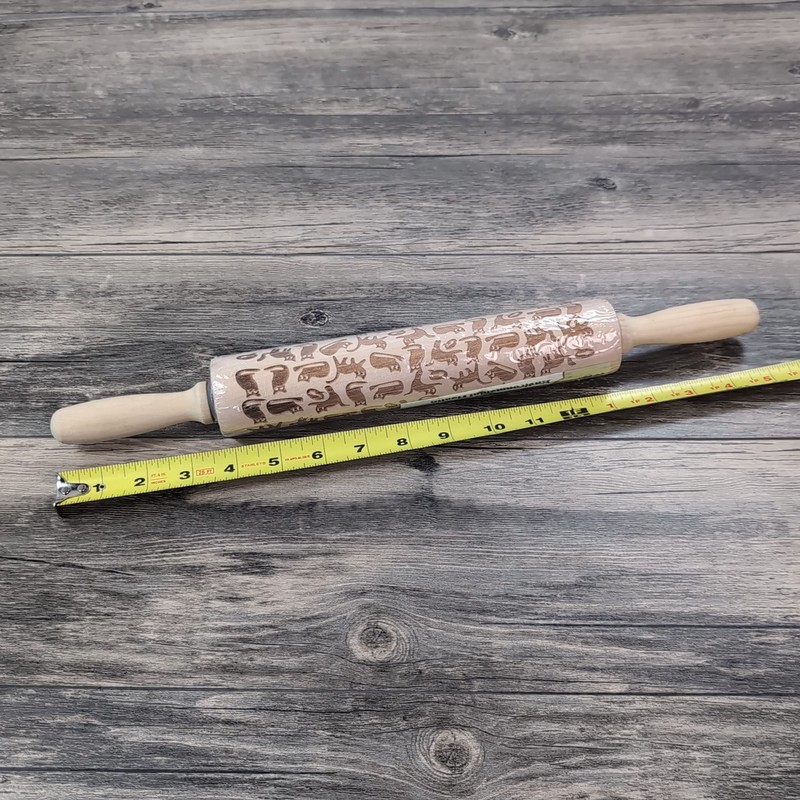 Embossed Rolling Pin Natural Wood Scandinavian Cats Pattern Light Grain New gallery