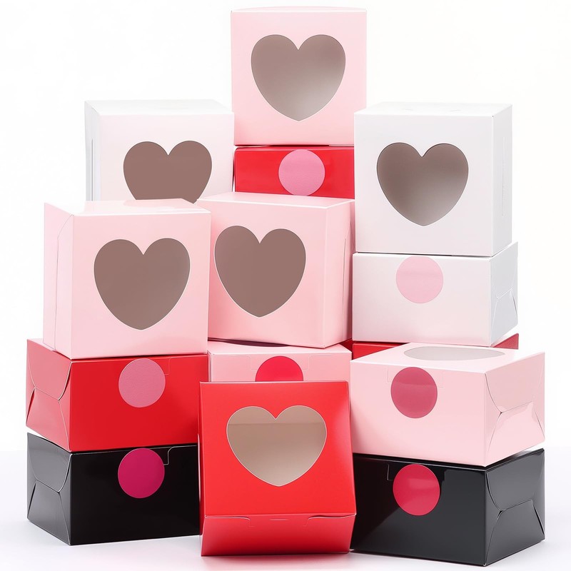 60 Pcs Cookie Boxes with Heart Window 4X4X2.5 Inch Bakery Cupcake Candy