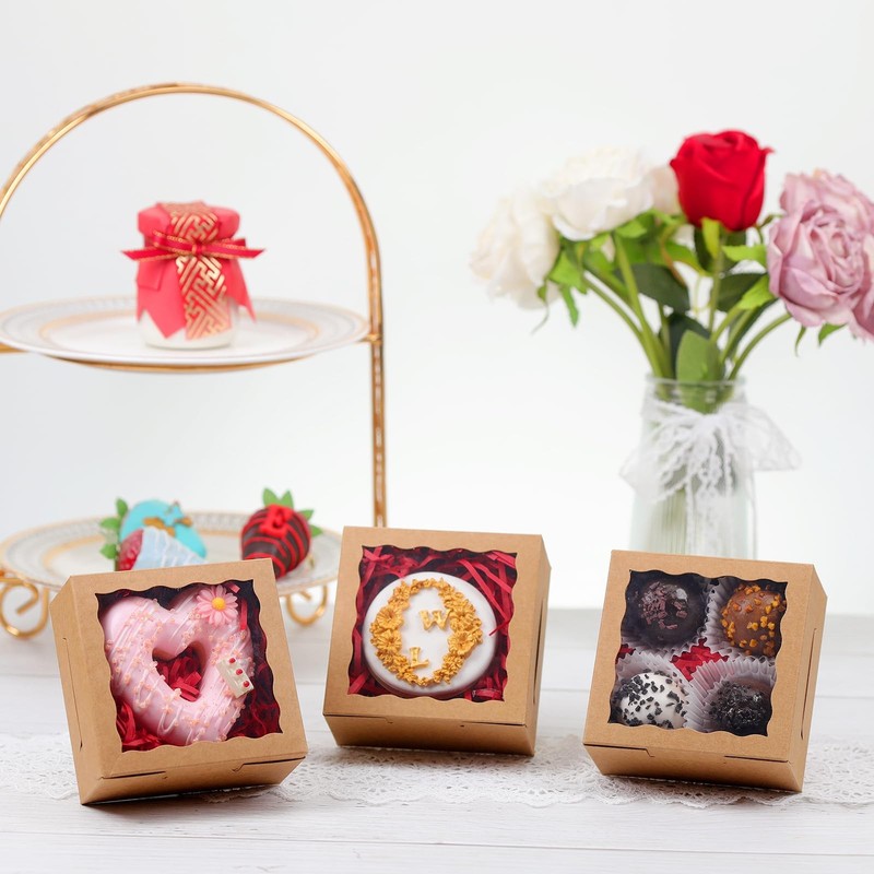Cookie Boxes With Window 4x4x2 Inch Brown Paper Bakery Treat Case 100 PCS gallery