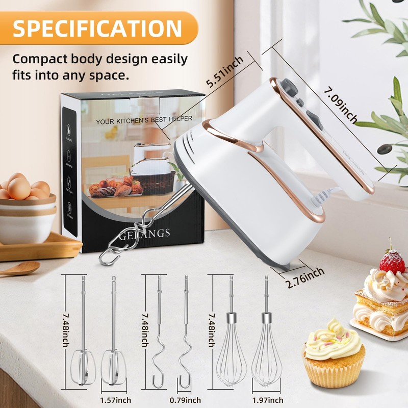 Hand Mixer, 5-Speed Electric with Turbo Boost, White, Copper Motor, 400W, Dis... gallery