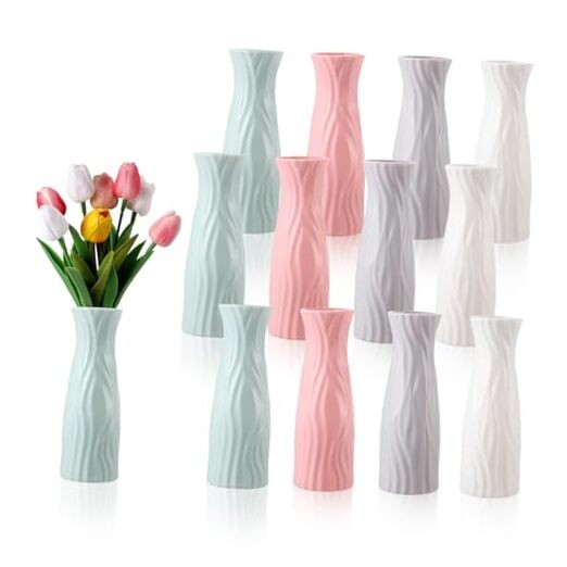 12 Pack Plastic Flower Vase Bulk, Flower Vases for Green, Gray, Pink, White