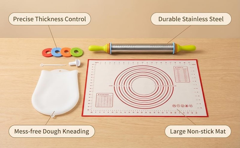 3 in 1 Set of Rolling Pin with handle + Pastry Baking Mat + Kneading Bag, gallery