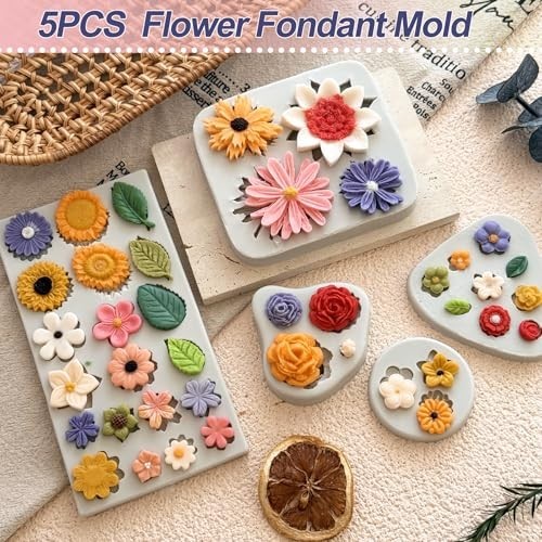 5Pcs Flower Silicone Molds for Cake & Cupcake Decorating - Daisy, Rose, Sunflowe gallery