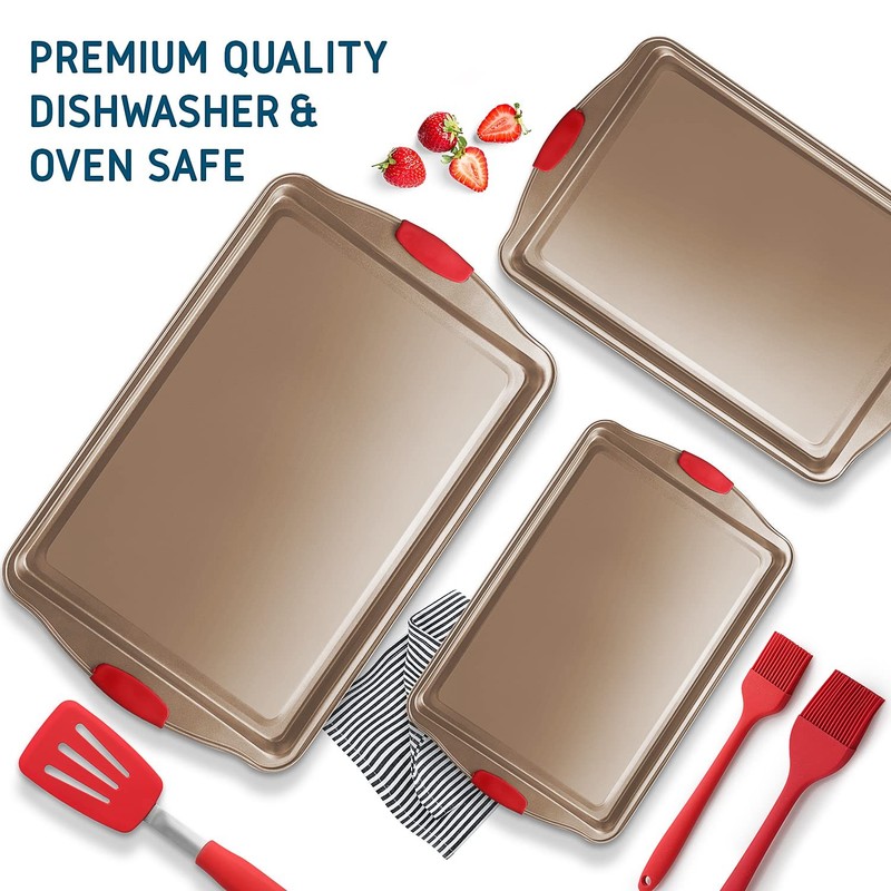 Joytable Baking Sheet Set 3-Piece Cookie Sheet Set Silicone Handles Steel gallery