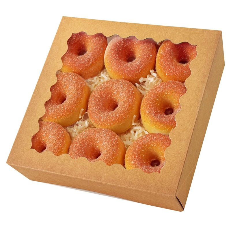 12 PCS Brown Pastry Box With Window 8x8x2.5 Inch Auto-Pop Up Bakery Box