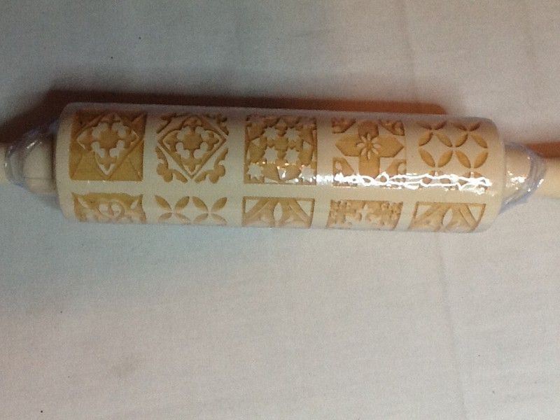 EMBOSSING ROLLING PIN SOLID WOOD NATURAL NO PAINT 13.5" SPINNING HANDLES 122123c gallery