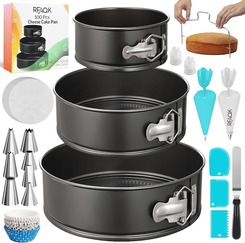 100Pcs Cake Pan Sets for Baking + Cake Decorating Supplies: 3 Non-Stick Springfo