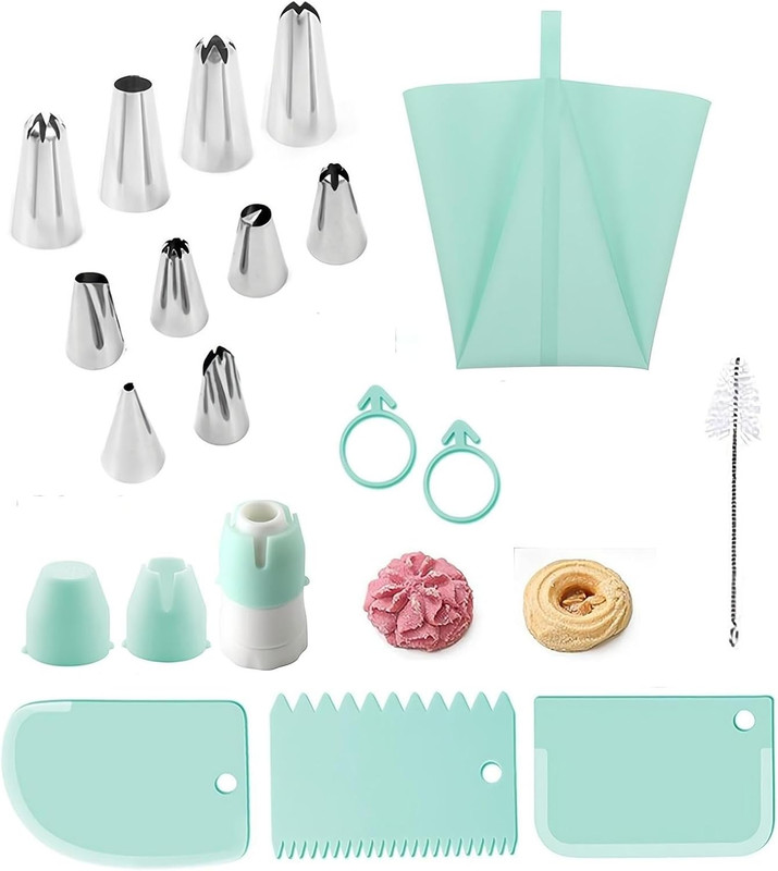 18Pcs Cake Decorating Kits, Including 10 Piping Tips, 3 Scrapers, 2 Silicone Rin