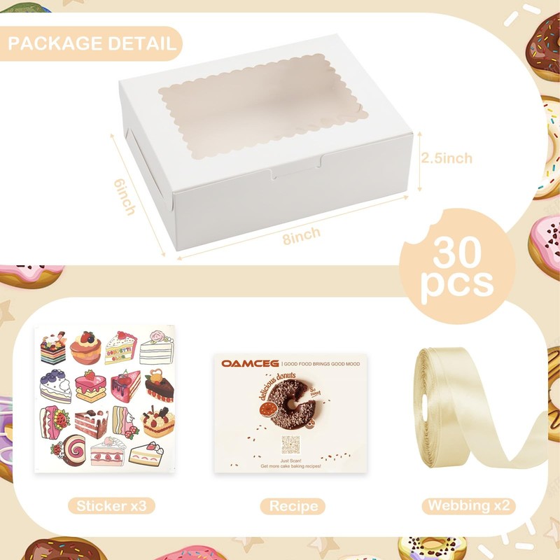 30 PCS 8x6x2.5 Inch White Cookie Box Window Bakery Treat Gift Case Donut gallery
