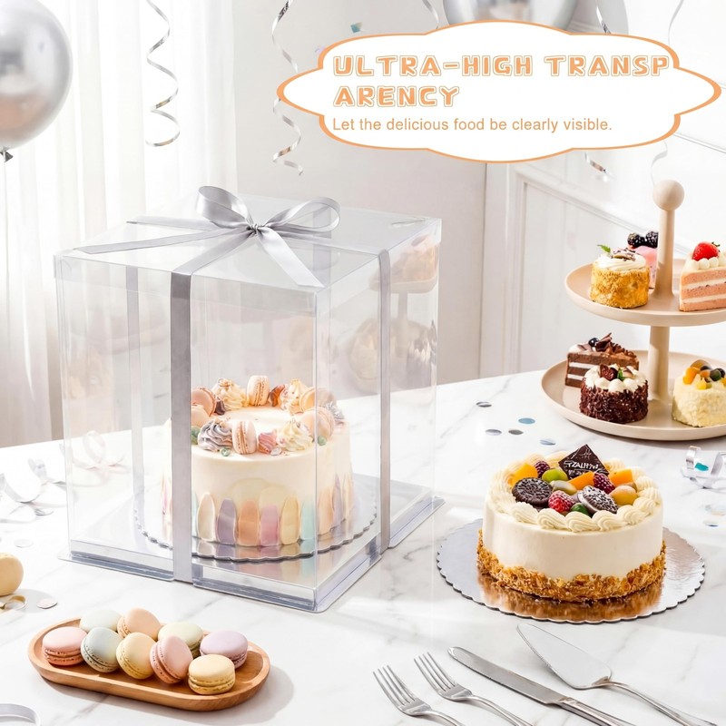6 PCS 12x12x13 Inch Large Clear Cake Carrier Boxes Round Boards Lids Set gallery