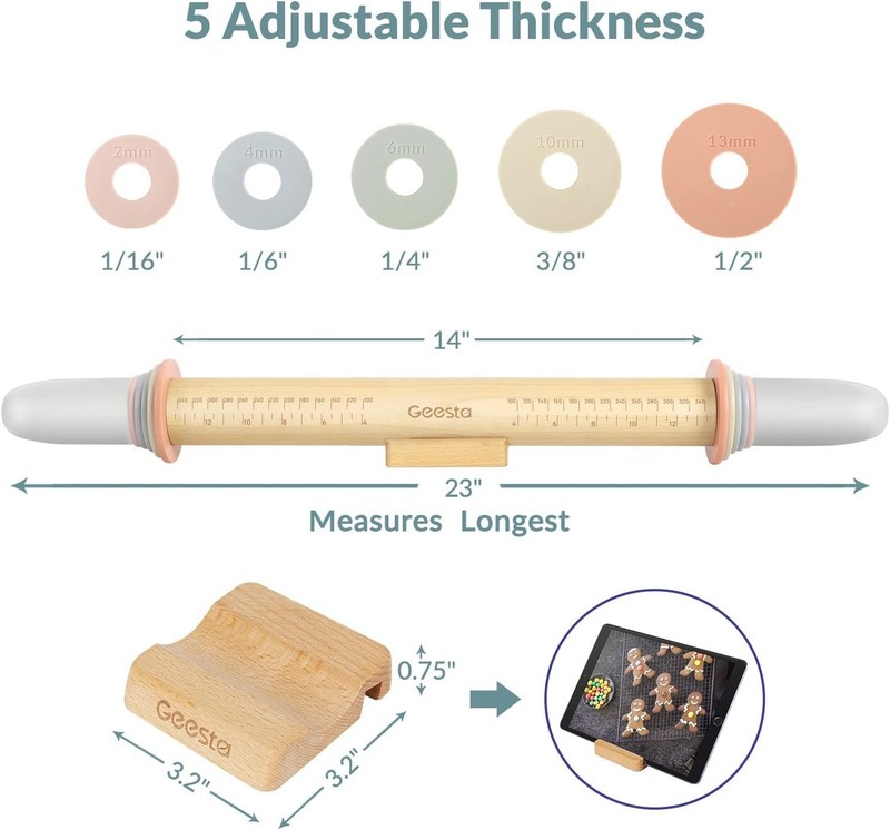 Adjustable Wood Rolling Pin with 5 Thickness Rings, Precise Dough Roller Hand... gallery