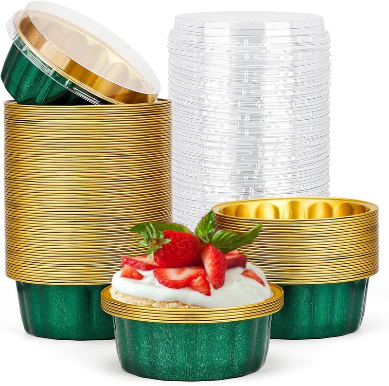 Disposable Ramekins W/ Lids 8 oz 50 Pack Black Gold Aluminum Foil Cups gallery