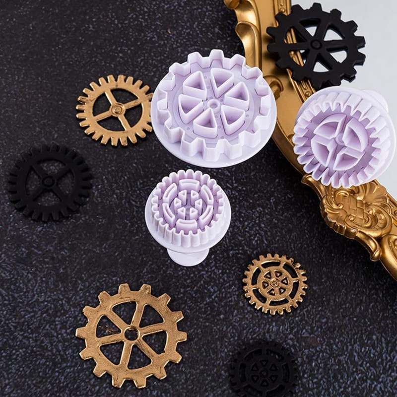 3Pcs White Gear Cookie Cutters, Steampunk Cogs Plunger Mold, 3D Gear Cookie Stam gallery