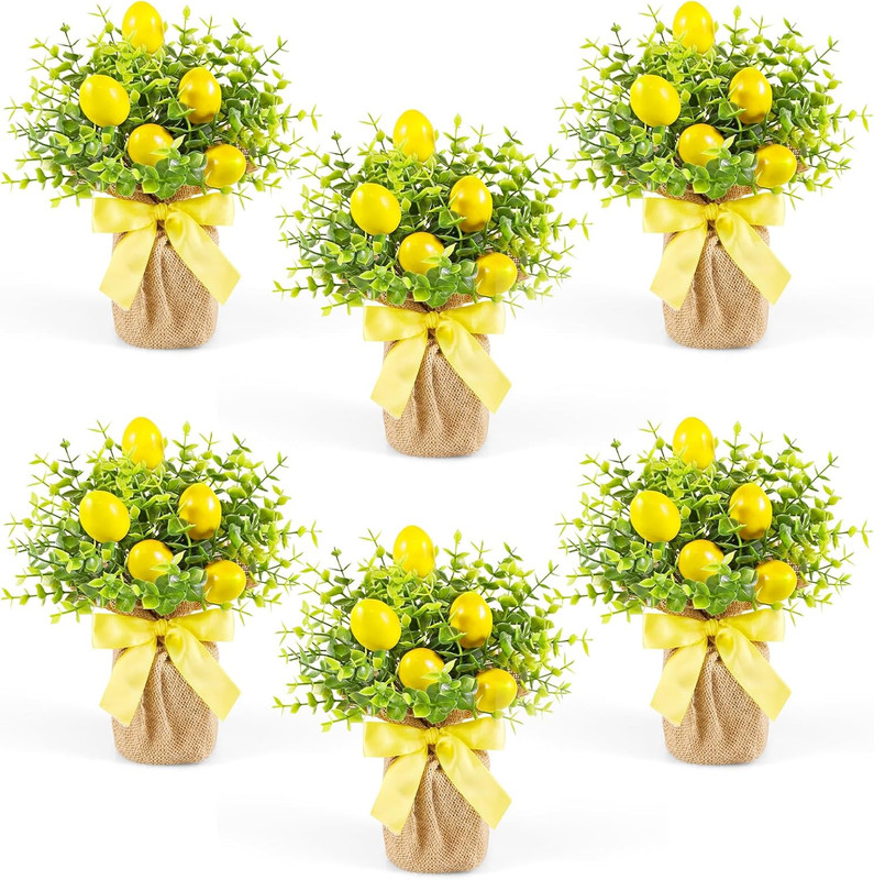 6 Pack Artificial Potted Lemon Flowers Plastic Faux Lemons in Small Burlap Bag V