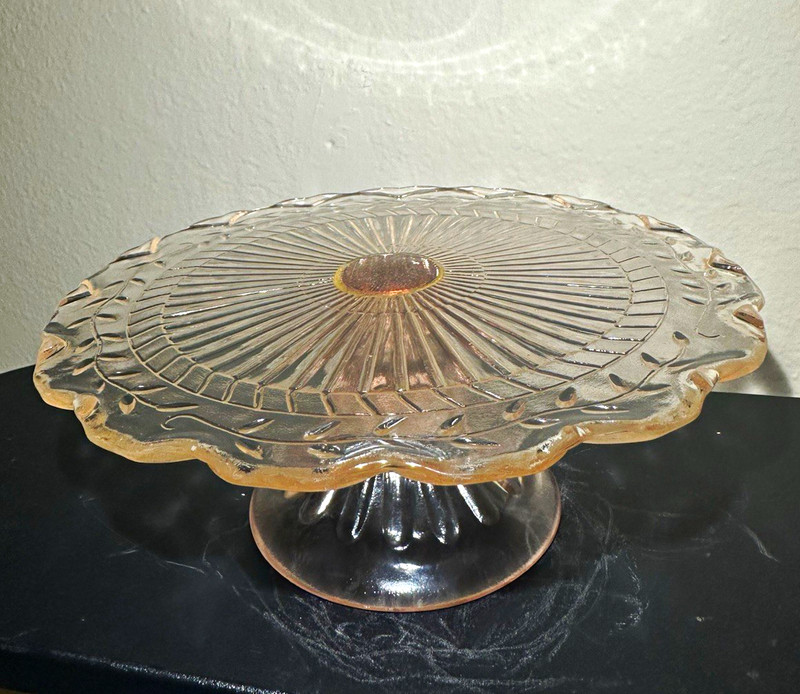 Pink Clear Glass Pedestal Cake Stand, Round Scalloped Edge Floral, 1 Tier