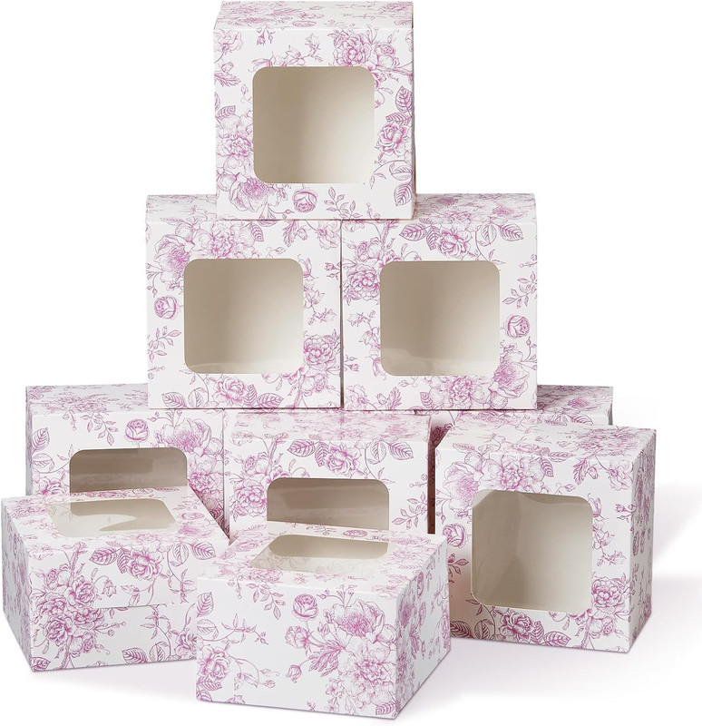 50 Pack Pink Floral Cookie Boxes with Window, Chinoiserie Small Bakery Treat Box