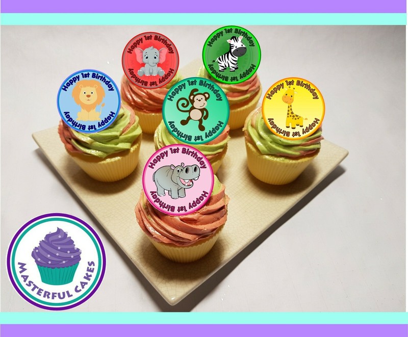 24 X 1ST BIRTHDAY ANIMAL CUPCAKE TOPPERS WAFER PAPER, ICING OR PRE-CUT OPTION gallery
