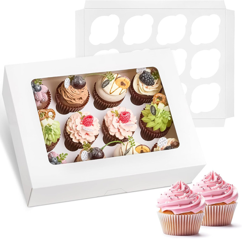 12 Count White Cupcake Boxes, 13 X 10 X 4 Inches, 2 Pack | with Windows and Inse
