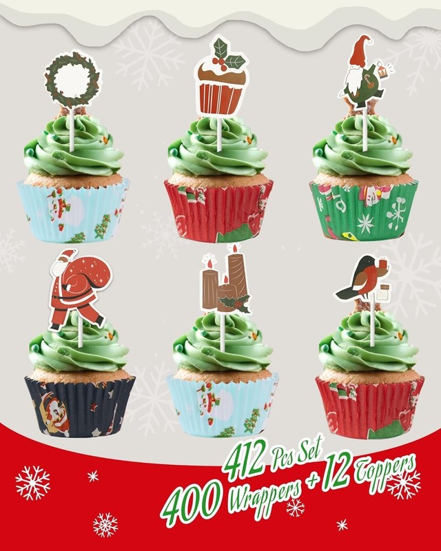 400 PCS Christmas Cupcake Liners 12 PCS Toppers Mini Muffin Xmas Party gallery