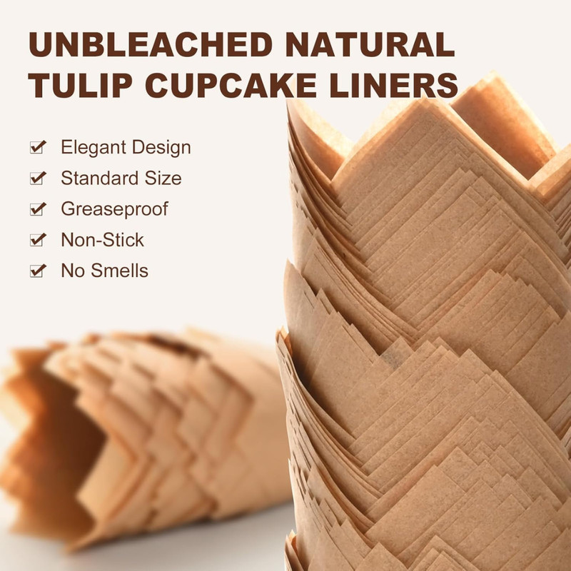 Natural Tulip Cupcake Liners for Baking 200 Cups, Unbleached Parchment Paper gallery