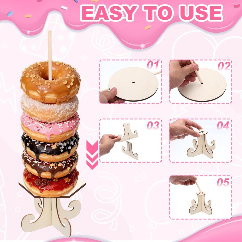 8 Pcs Wood Donut Stands Hexagon with Bracket for Dessert Table, Natural gallery