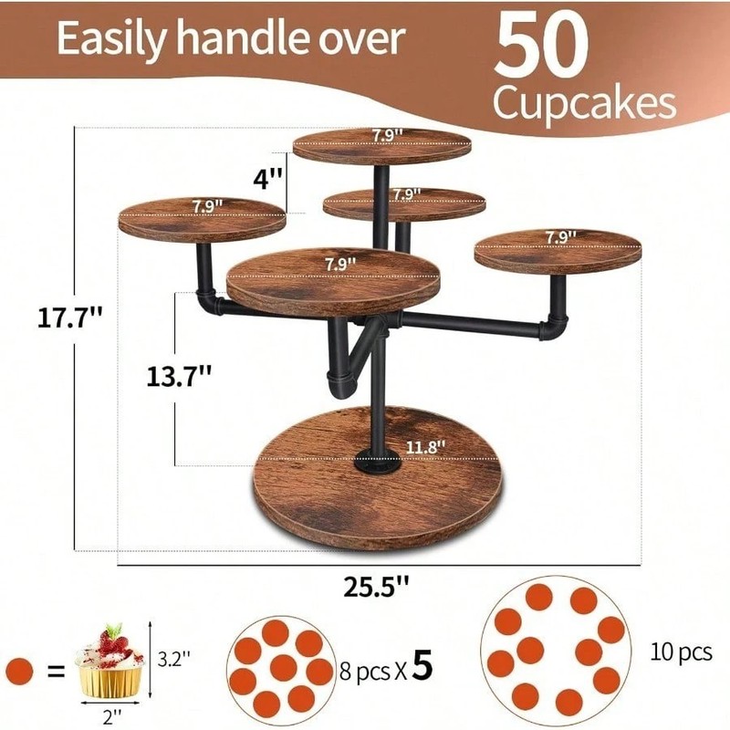 Rustic 3-Tier Cupcake Stand MDF Wood Metal Pipe Dessert Tower Party Display gallery