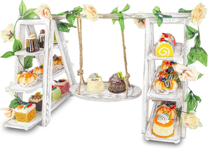 Wooden 3 Tier Cupcake Stand W/ Swing & Flower Decoration Serving Removable Tray gallery