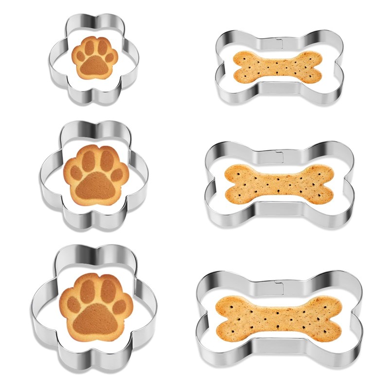 6 PCS Dog Bone Cookie Cutter, 3 Sizes Bone & Paw Print Cookie Cutters Set