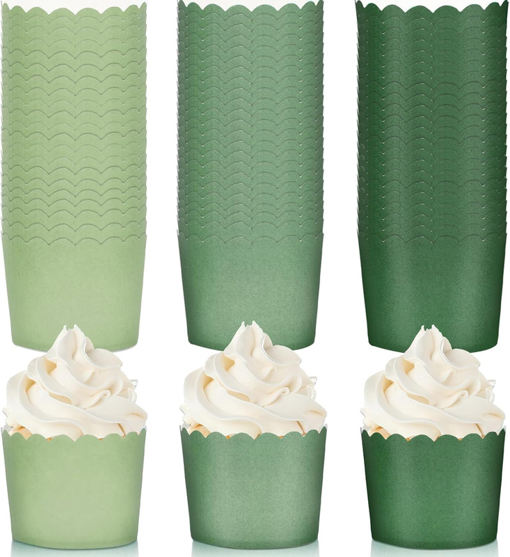 120Pcs Sage Green Paper Baking Cups Scalloped Edge Cupcake Wrappers Gradient Gre