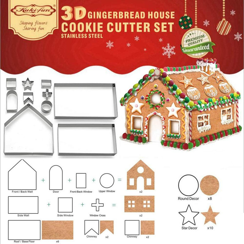 (Set of 10) Gingerbread House Cookie Cutter Set, 3D Gingerbread House Kit Christ