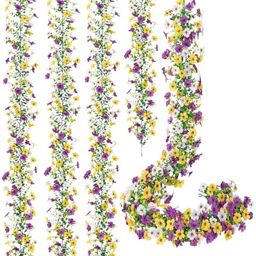 4 Pack Artificial Flowers Garland Ivy,Spring Decor UV 4PCS White Yellow Purple