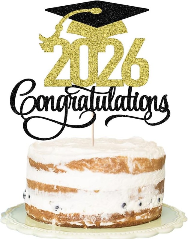 Black Gold Glitter 2026 Congratulations Graduation Cake Topper,Congrats Grad