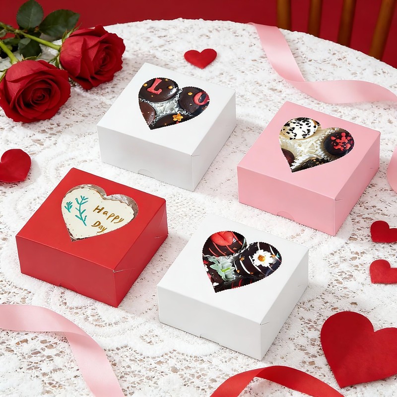 48PCS 4"x4"x2" Heart-Shaped Window Bakery Boxes in White, Pink, Red - Perfect... gallery