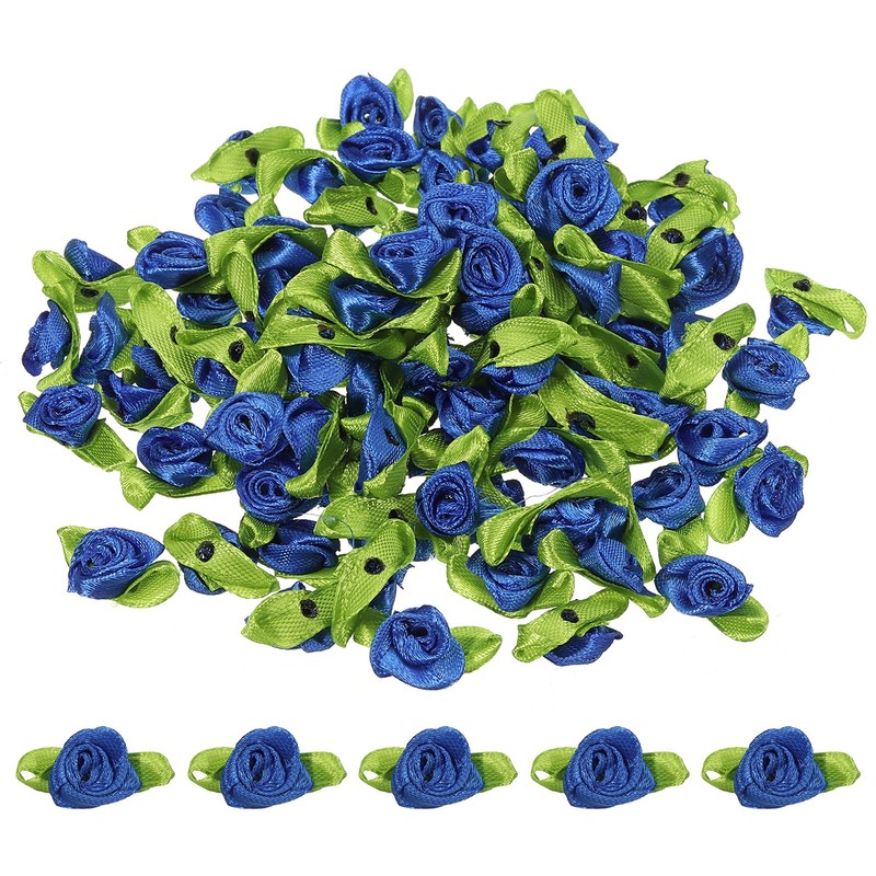 Mini Ribbon Roses, 200 Pcs Tiny Satin Fabric Flowers with Green Leaves, Blue