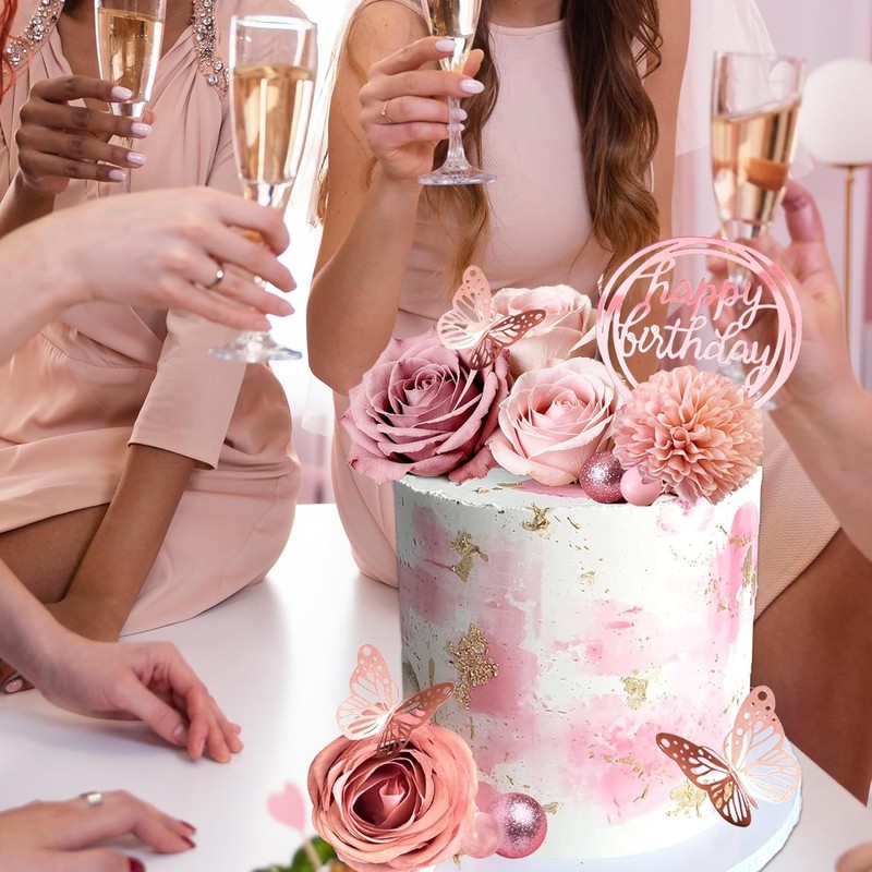 Flower Cake Toppers, Happy Birthday Rose Gold Cake Decorations with Artificial gallery