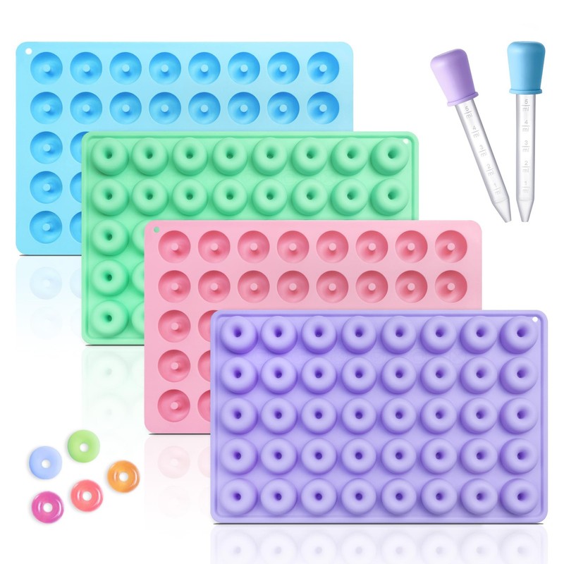 Donut Silicone Candy Molds with 2 Droppers, 4 Packs Mini Donut Pan Mold Gummy…
