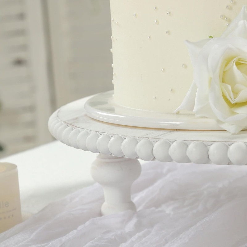 16" Antique White Beaded Wooden Cake Stand - Rustic Farmhouse Pedestal Riser for gallery