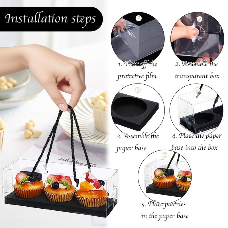 20 Sets Cupcake Boxes Packaging Plastic Container Black 9x3x3 Inch Desserts gallery