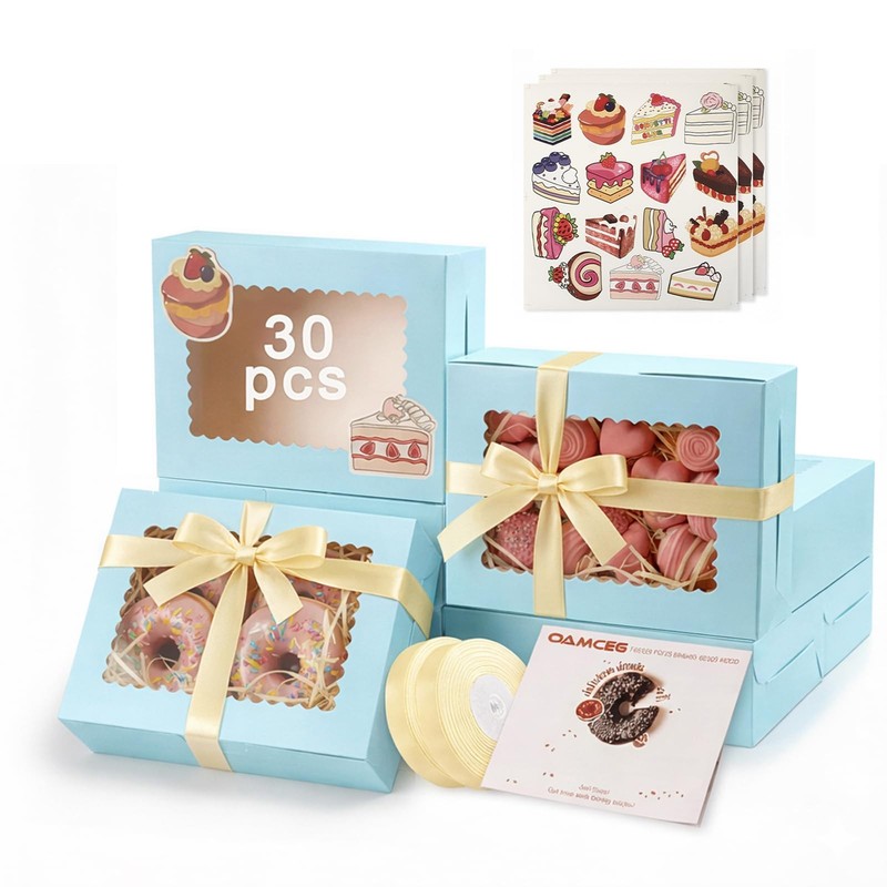 30 Pack Blue Cookie Boxes With Window 8x6x2.5 Inch Christmas Bakery Treat Box