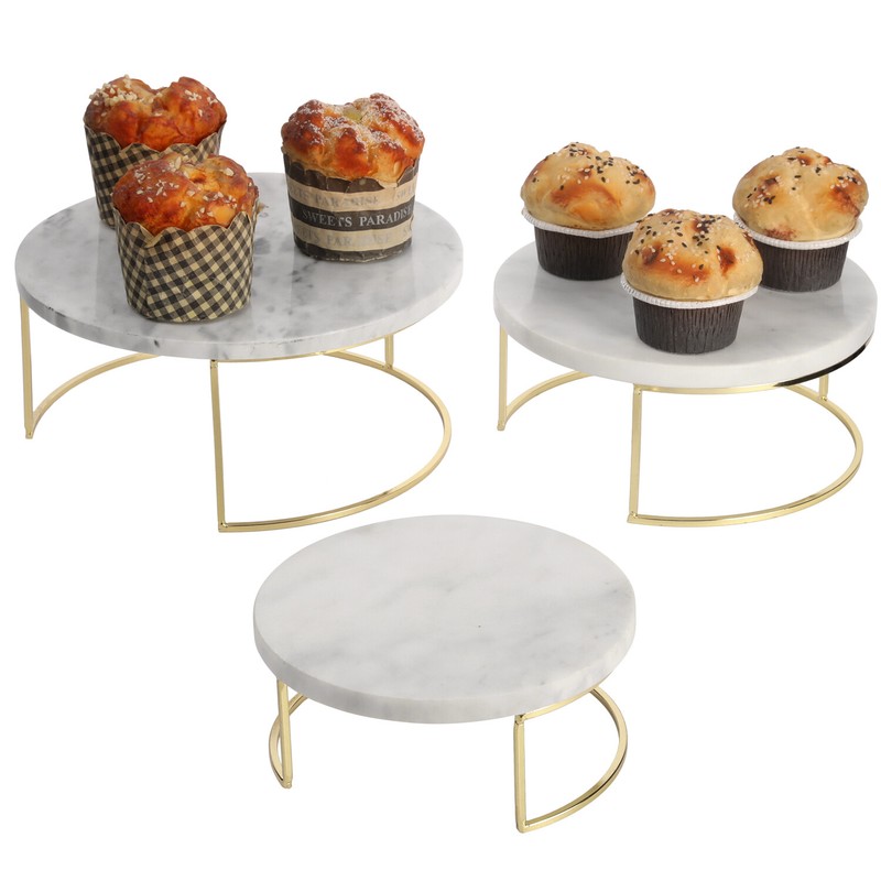 Modern White Marble Cake Stands, Brass Metal Cupcake Pedestal Risers, Set of 3