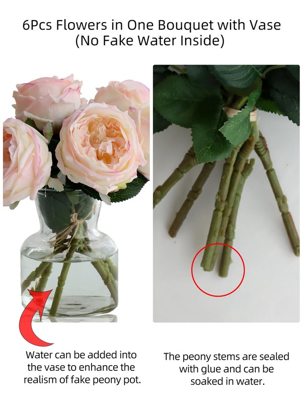 Grtefhu 6Pcs Fake Austin Rose Peonies Flowers Vase Clear Glass Vase Pink Real gallery