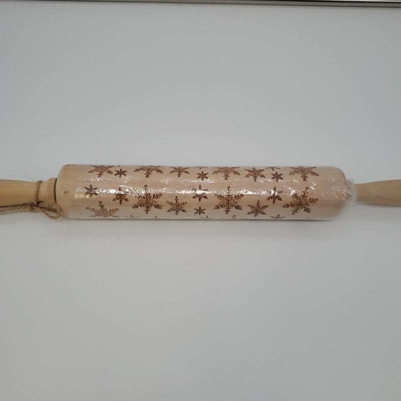 Christmas Rolling Pin Wood Carved Snowflakes 17" Cookie Dough Holiday Baking gallery