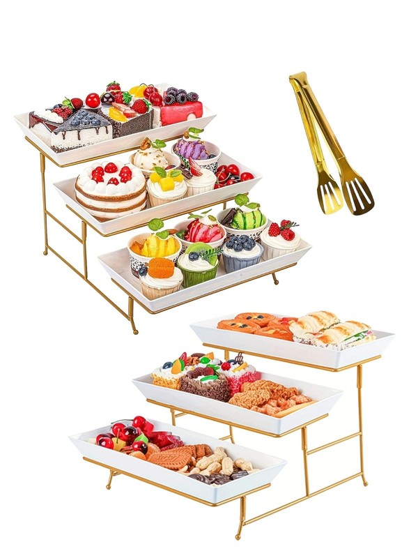 2PC 3 Tier Cake Stand Dessert Tray Set White Plates Gold Frame Foldable W Tongs