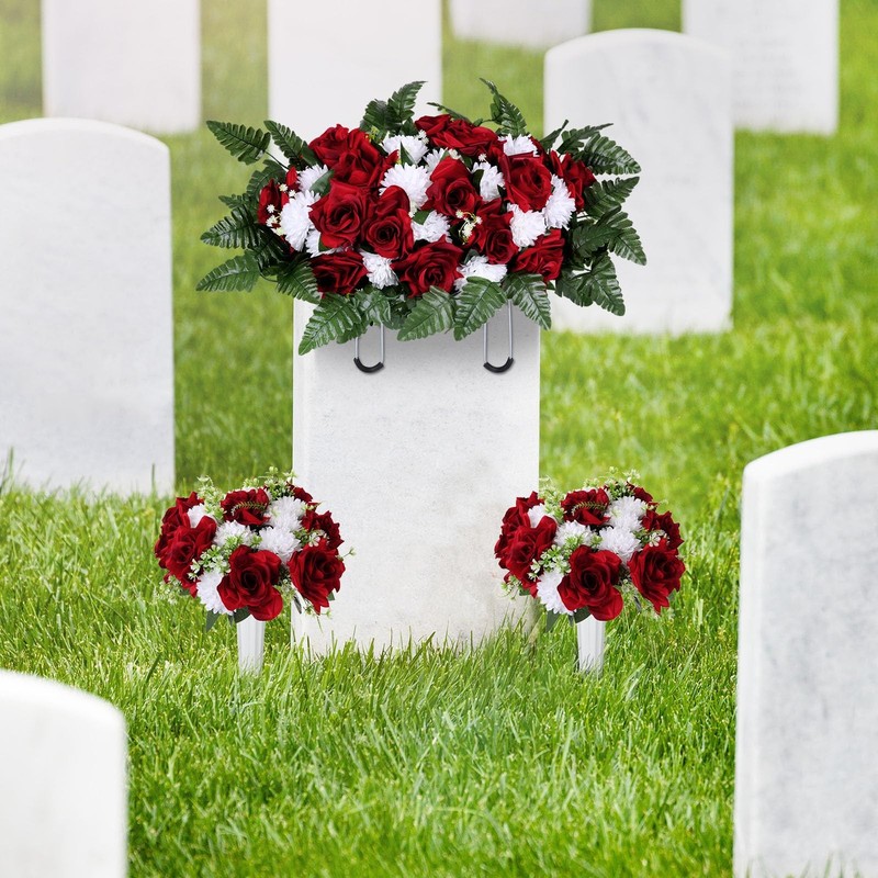 Tigeen 3 Pcs Artificial Cemetery Flowers For Grave Memorial Flowers Funeral gallery