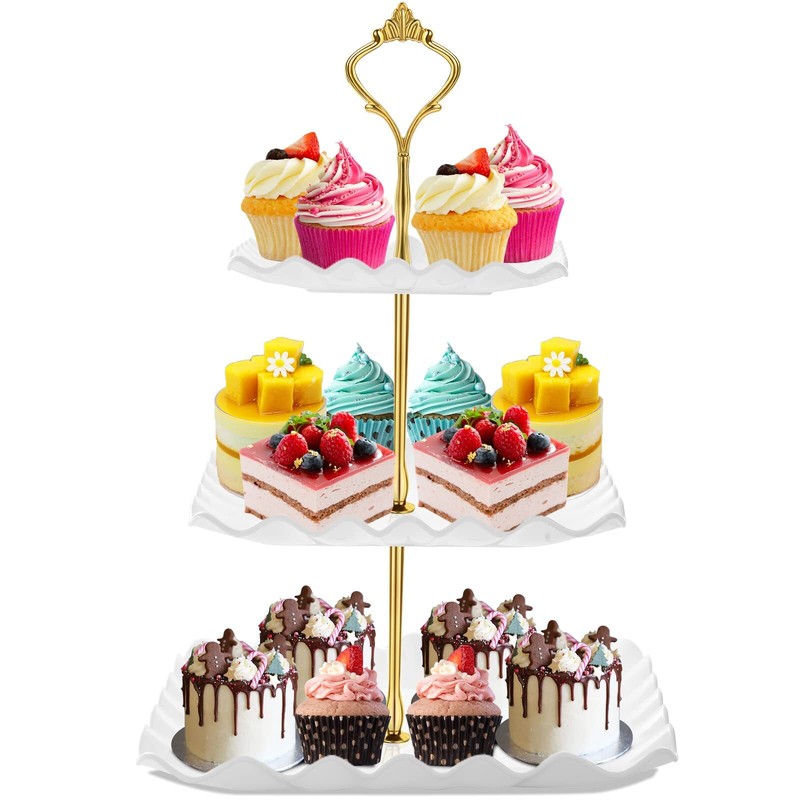 3 Tier White Plastic Cupcake Stand Metal Rod for Tea Parties and Birthdays